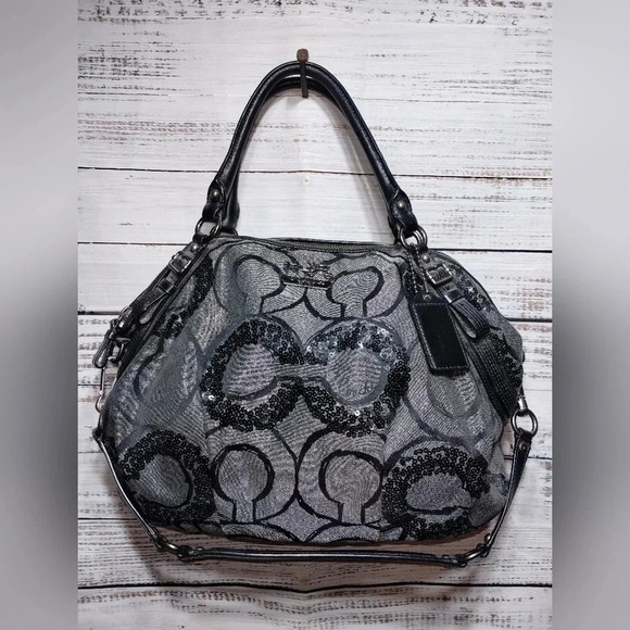 Coach Madison Sequin Logo Satchel Bag Silver Black 2000s Y2K Style 15940 Op Art - Picture 12 of 12